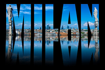 Milan text composed of Milan skyline on black background with text reflection in water. View from Milan Cathedral roof. Milan skyline with modern skyscrapers in Porto Nuovo financial district.