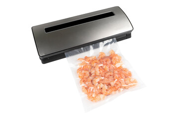 Vacuum packer machine with shrimps in a plastic bag isolated on a white background.