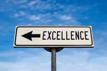 Excellence road sign, arrow on blue sky background. One way blank road sign with copy space. Arrow...