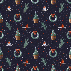 Seamless Christmas pattern with Christmas tree, wreath, winter birds, stars, fir tree branches, Christmas toys on black background. The endless backdrop for holiday decoration, gift wrapping
