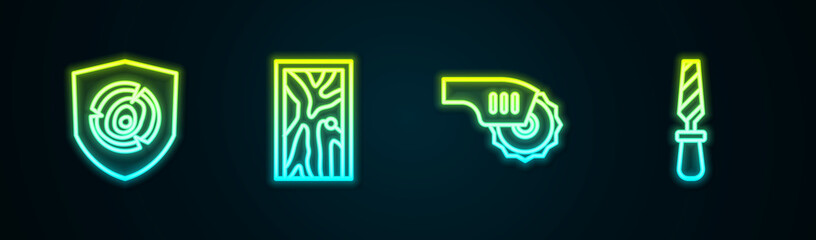 Set line Wooden logs, Closed door, Electric circular saw and Rasp metal file. Glowing neon icon. Vector
