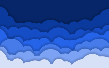 Paper Clouds on Gradient Night blue sky banner color. Light Blue and and Blue dark cloud  paper cut style. 3D Illustration With Shadow 