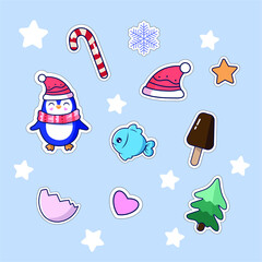 cute stickers, new year, candy cane, tree, kids stickers, christmas, vector