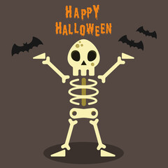 Human skeleton. Happy Halloween. Trick or treat. White skeleton silhouettes isolated on black background. Vector illustration. Party poster. 