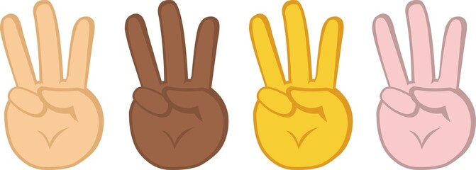 Fototapeta premium Vector illustration of emoticons of hands of different colors, counting or doing the number three with their fingers