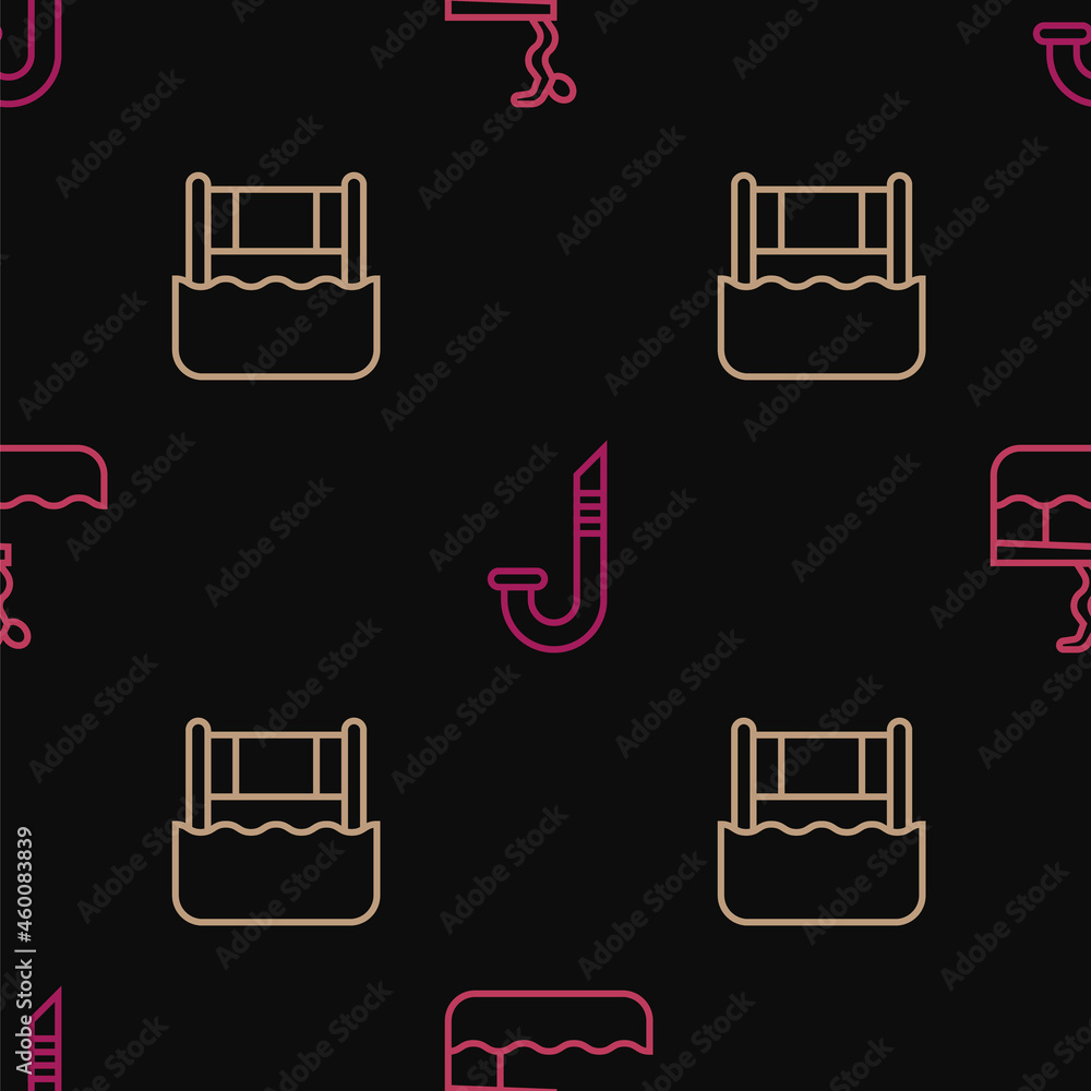 Poster set line swimmer diving into pool, water volleyball net and snorkel on seamless pattern. vector
