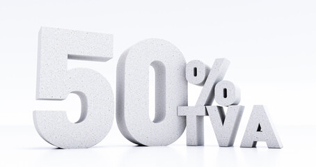 number 50 percent TVA written in 3D, fifty percent TVA isolated on white background, 3D render