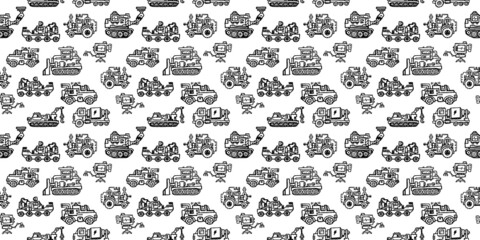 Vector Horizontal Seamless Pattern with Different Hand Drawn Retro Machine. Line Art Doodle Style Pattern Design of Black Mechanism
