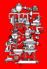 Vector Vertical Illustration of Black and White Retro Machine. Line Art Doodle Style Design of Complex Mechanism of Product Production