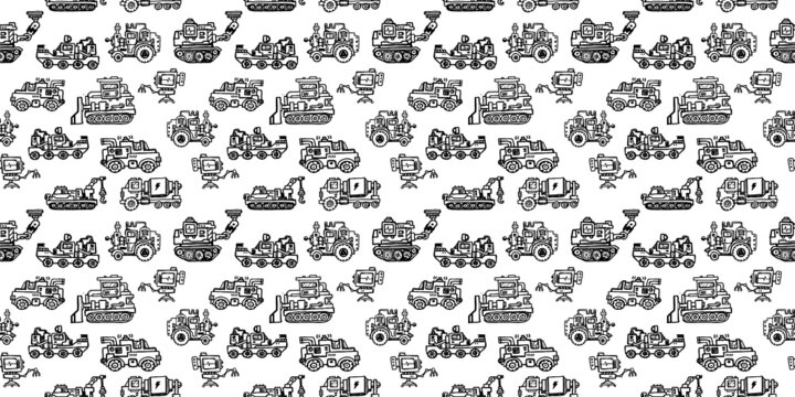 Vector Horizontal Seamless Pattern with Different Hand Drawn Retro Machine. Line Art Doodle Style Pattern Design of Black Mechanism