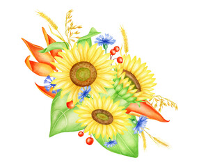 Watercolor fall bouquet illustration. Hand painted sunflowers, cornflowers, spikelets, red berries and leaves. Autumn floral arrangement. Bunch of yellow and blue flowers isolated on white background.