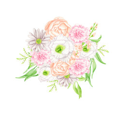 Watercolor flower bouquet illustration. Hand drawn boho floral arrangement isolated on white background. Elegant blush, white and pink flower heads with leaves for wedding invitations, cards