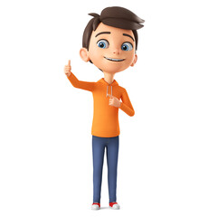 Cartoon boy character in orange sweatshirt points his thumb up. 3d render illustration.