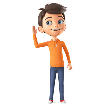 Cartoon boy character in orange sweatshirt overhears. 3d render illustration.
