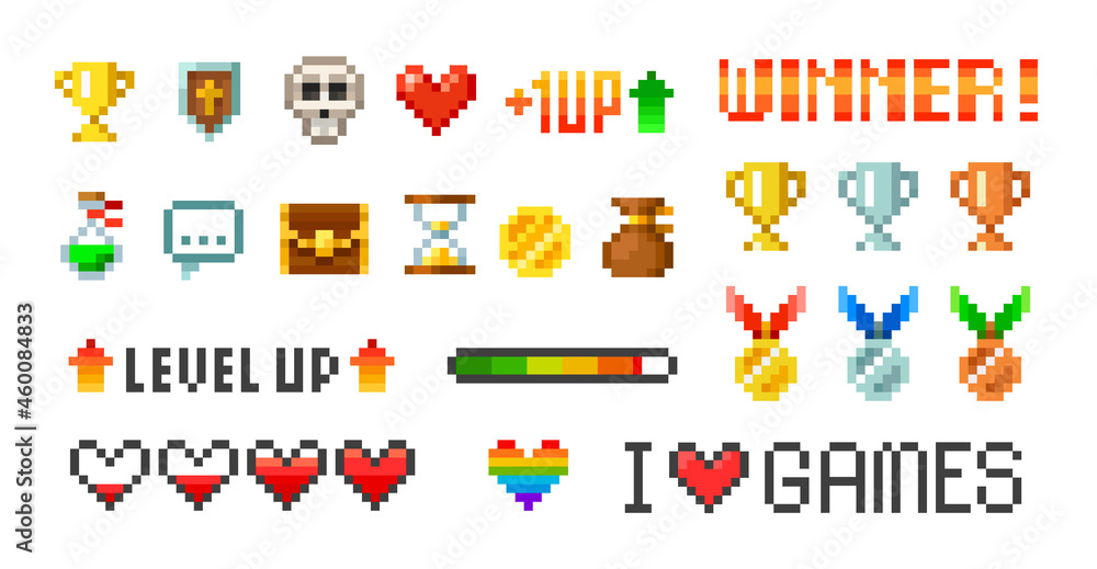 Poster Pixel art simple icons for retro 8-bit video game design - vector template. winner trophy cups and medals with loading bar set elements for arcade game design. Level up with health loading scale