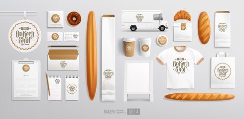 Bakery goods white brand identity with food package mock-up set vector template. Bakery logo design on food truck. Realistic MockUp set of Baked products packaging, coffee cup, stationery items