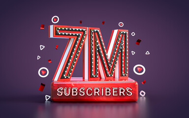 7 million subscribers followers celebration. 3d render Social media congratulation card background
