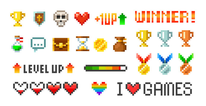 Pixel art simple icons for retro 8-bit video game design - vector template. winner trophy cups and medals with loading bar set elements for arcade game design. Level up with health loading scale