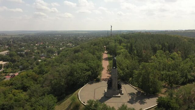 Monument to Bogdan Khmelnitsky on the castle hill in Chyhyryn, Ukraine, view from a drone