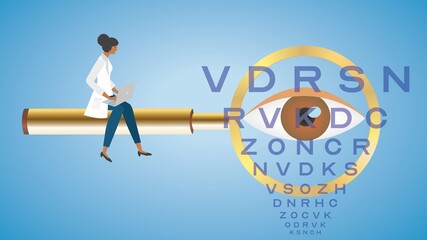 Optician or doctor examine eye health and sight. Vector illustration. Dimension 16:9. EPS10.