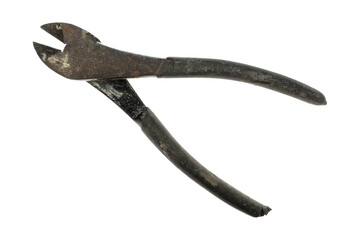 Rusty old and used wire cutters isolated on a white background.