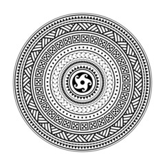 Tribal mandala design, Polynesian Hawaiian tattoo style, boho tribal round pattern inspired by traditional geometric art. Bohemian mandala vector ornament in black and white, yoga decoration, wall art - obrazy, fototapety, plakaty