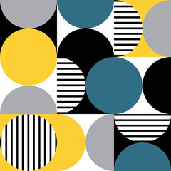 Seamless pattern with colorful retro style circles squares and stripes in Scandinavian style in yellow, black, white, navy blue and grey colors