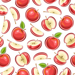 Vector Apple Seamless Pattern, square repeating background of whole and sliced cartoon red apples with seeds, decorative poster with cut out illustrations of various ripe fruits on white background.
