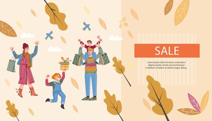 Fototapeta premium Autumn seasonal sale website or landing page layout, family shopping concept. Webpage with family and child going shopping, flat vector illustration.