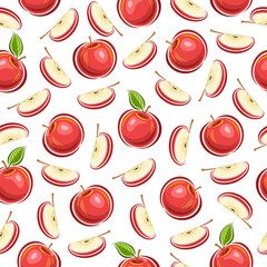 Vector Apple Seamless Pattern, square repeating background of whole and sliced cartoon red apples with seeds, decorative poster with cut out illustrations of various ripe fruits on white background.