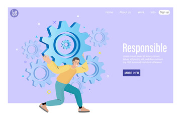 Business responsibility concept. A man carries a large heavy gear, symbolizing his important role and accountability in a process. Vector for a corporate website about leadership and teamwork.