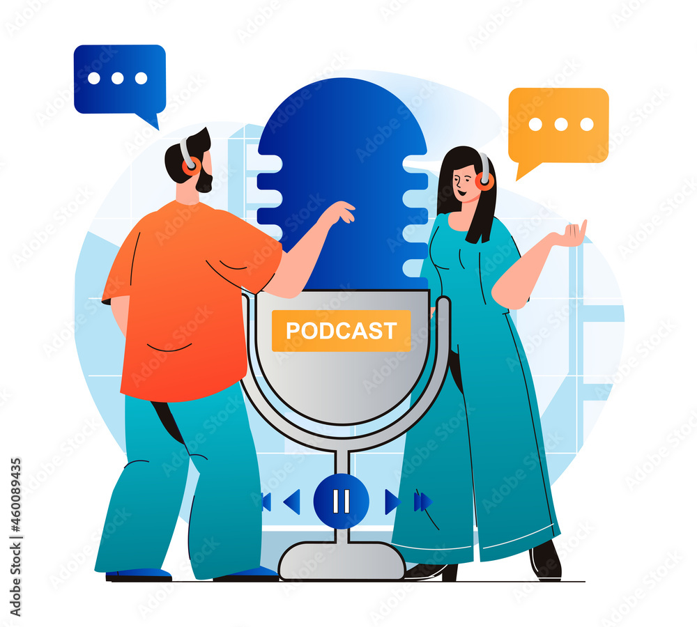 Poster podcast streaming concept in modern flat design. woman and man in headphones talking in microphone a