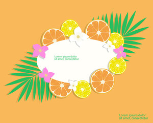 Summer background with oranges and lemons with flowers  and  palm leaves.