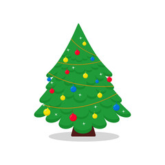 Christmas tree with gifts box on blue snow background. decoration balls and lamps. Merry Christmas and a happy new year.flat style vector illustration.