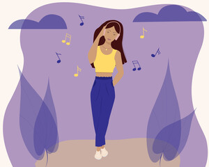 A beautiful girl listens to music.