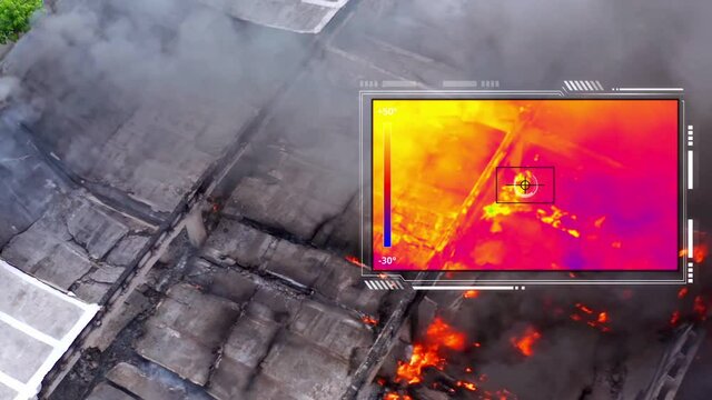 Aerial Thermal camera moving and analyzing a building on fire - 3d animation