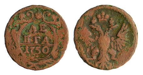 Copper coin of the Russian Empire. One denga (half kopek) 1750 - obrazy, fototapety, plakaty