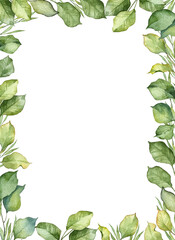 Floral frame design template letter size. Watercolor hand painted botany green leaves. Botanical border for greeting cards and invitations with copy space