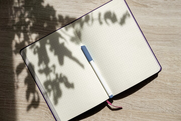 Mock-up of notebook with clean beige sheets and pen for writing, on wooden table in rays of...