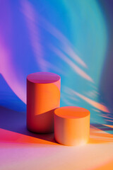 Abstract background with podiums in neon light for product presentation. Stylish geometric shapes to show  products.