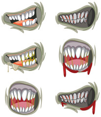 Set of many creepy zombie mouth with teeth