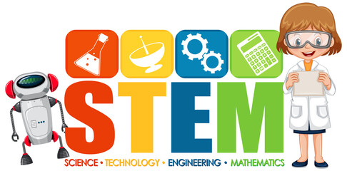 Scientist girl cartoon character with STEM logo banner