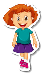 Sticker template with a girl in standing posing cartoon character isolated