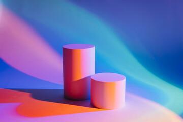 Abstract background with podiums in neon light for product presentation. Stylish geometric shapes...