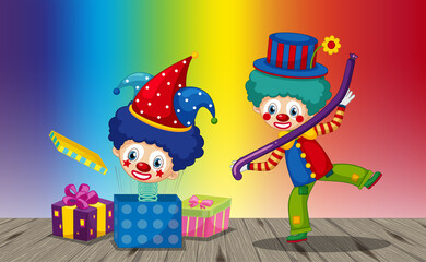 Funny clowns cartoon character on rainbow gradient background