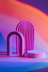 Abstract background with geometric forms and podiums in neon light for product presentation. Podium...