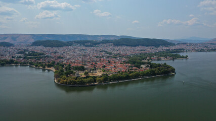 Obraz premium Aerial drone photo of iconic castle and ancinet citadel of Ioannina featuring Byzantine Museum, Its Kale Acropolis, Fetiche Mosque and Ali Pasha's tomb, Epirus, Greece