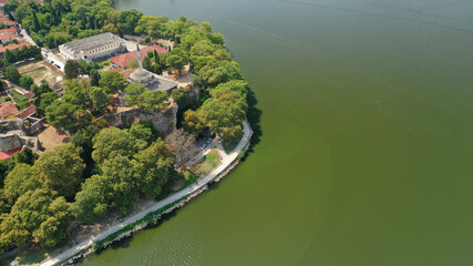 Naklejka premium Aerial drone photo of iconic castle and ancinet citadel of Ioannina featuring Byzantine Museum, Its Kale Acropolis, Fetiche Mosque and Ali Pasha's tomb, Epirus, Greece