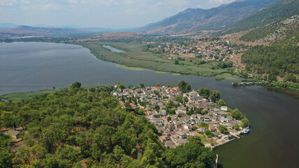 Aerial drone photo of beautiful small inhabited  island in lake Pamvotida of Ioannina featuring Ali Pasha and Revolutionary Period Museum, Epirus, Greece