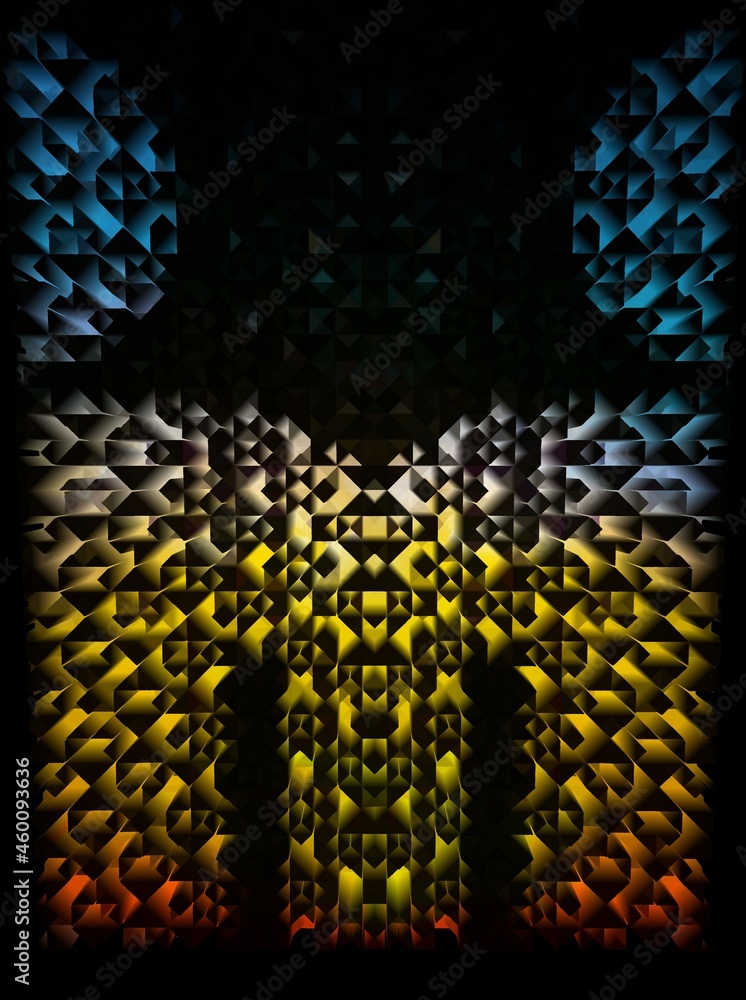 Poster 3d colourful textured exploding perforated male torso outline with textured design on a black backgr